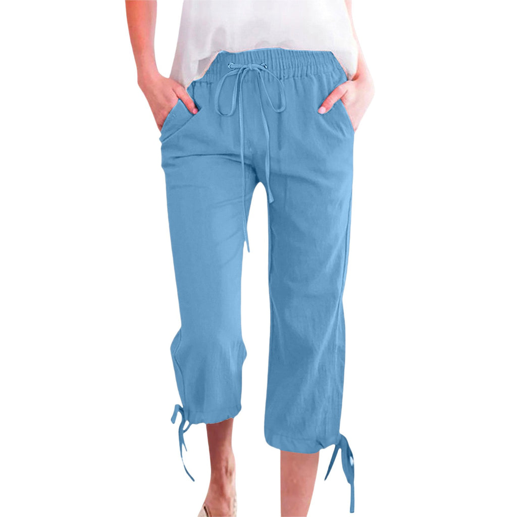 Relaxed Cotton Linen Tie Hem Drawstring Capri Pants