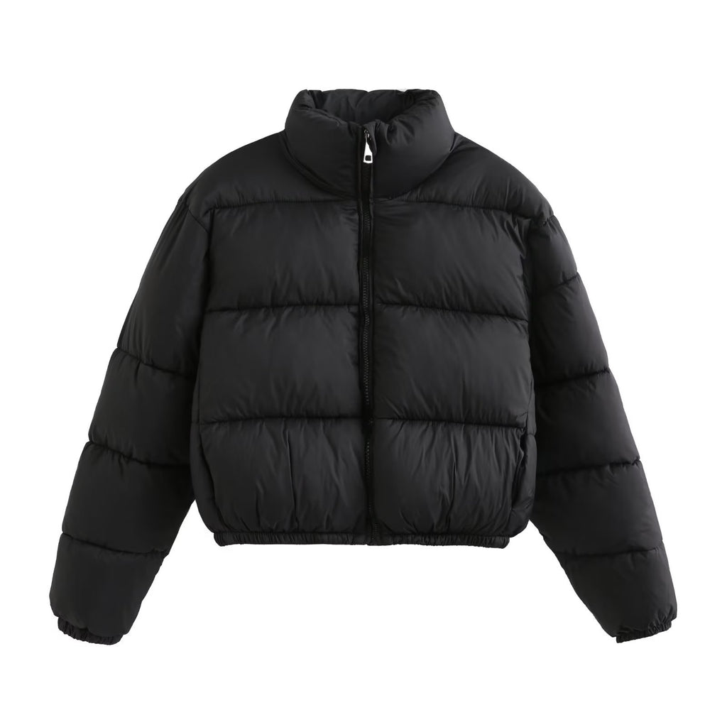 Cropped Stand Collar Zip Up Puffer Jacket - Black