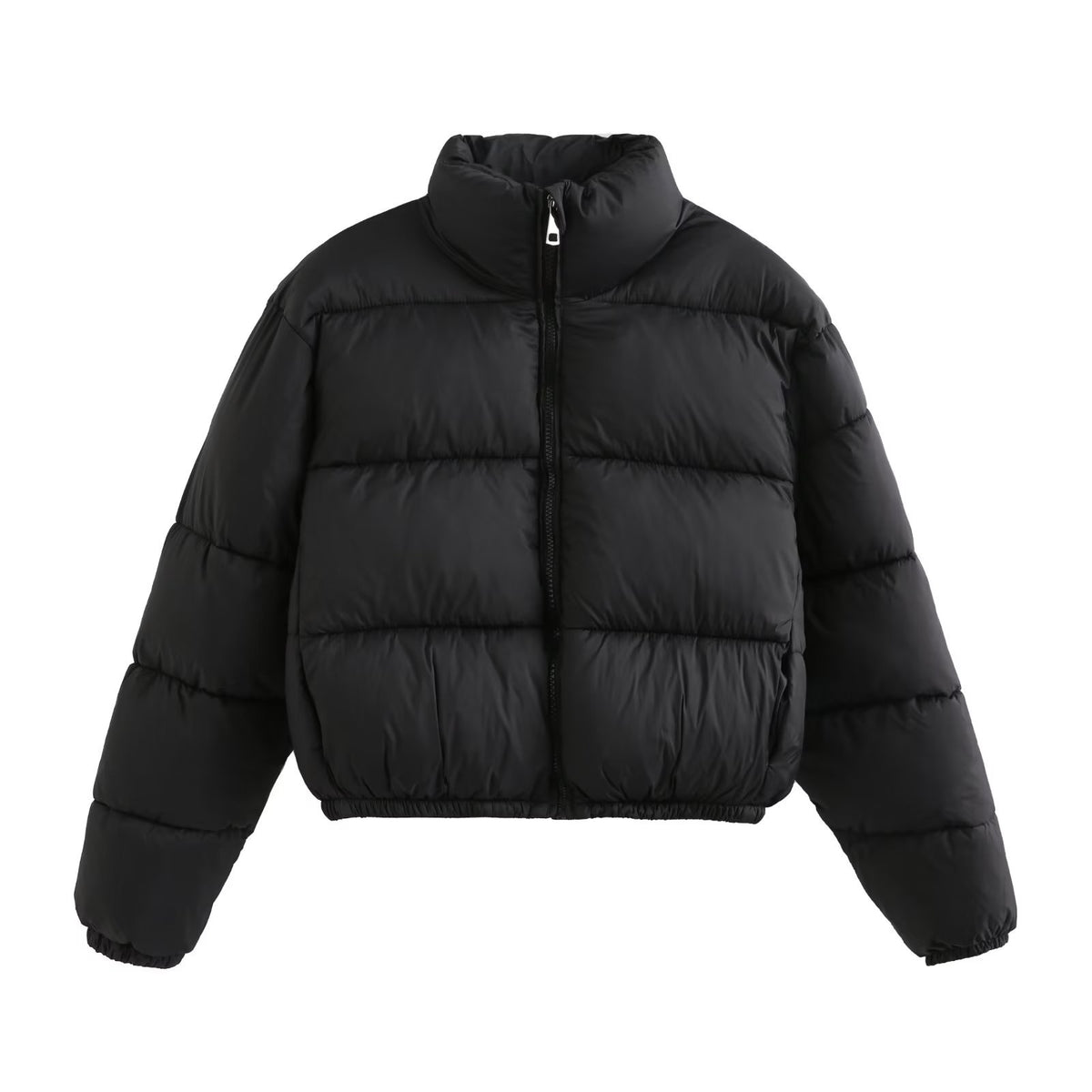 Cropped Stand Collar Zip Up Puffer Jacket - Black