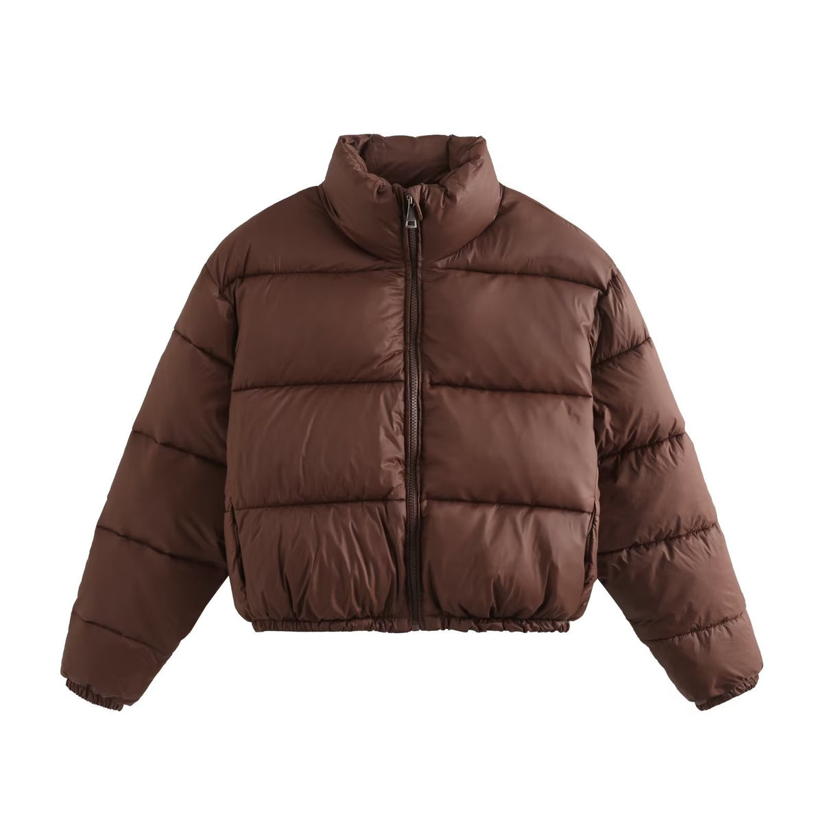 Cropped Stand Collar Zip Up Puffer Jacket - Brown