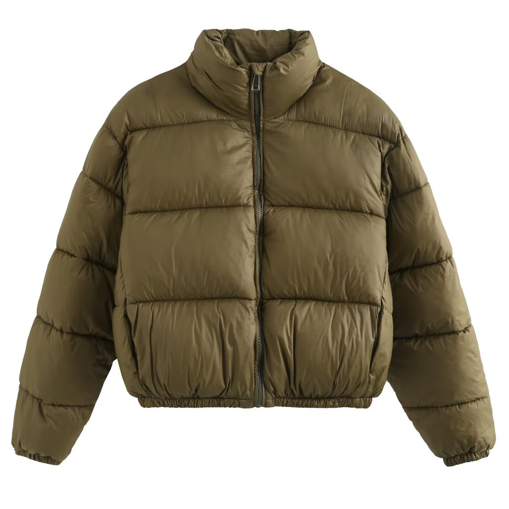 Cropped Stand Collar Zip Up Puffer Jacket - Olive