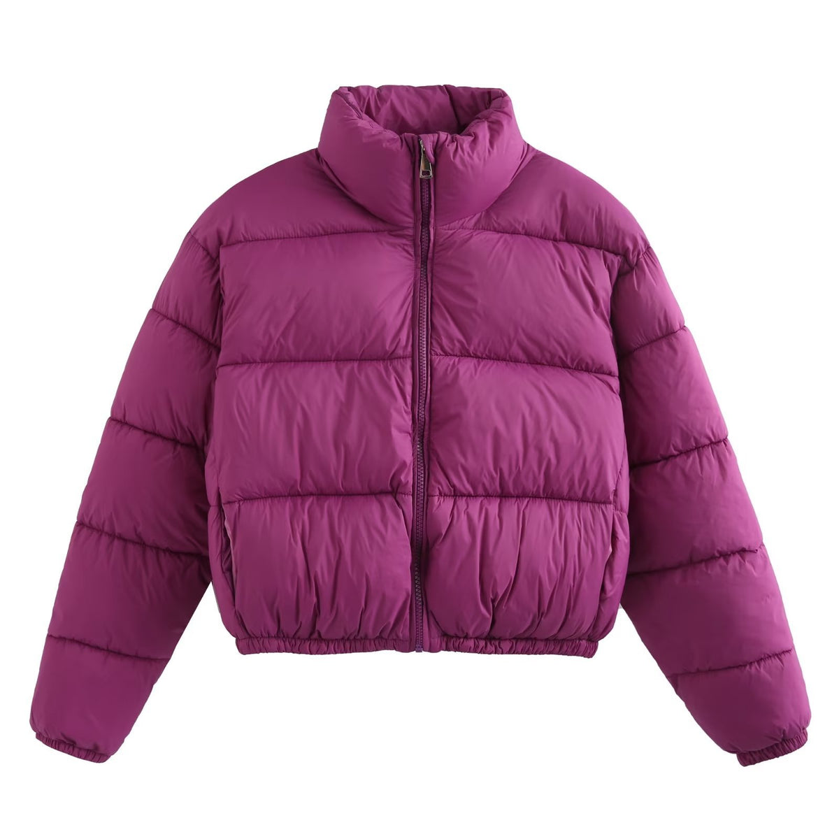 Cropped Stand Collar Zip Up Puffer Jacket - Purple