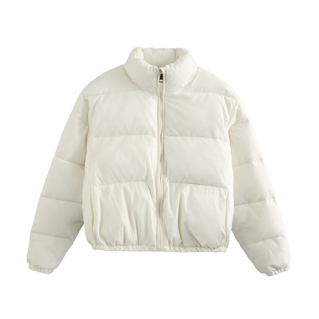 Cropped Stand Collar Zip Up Puffer Jacket - White