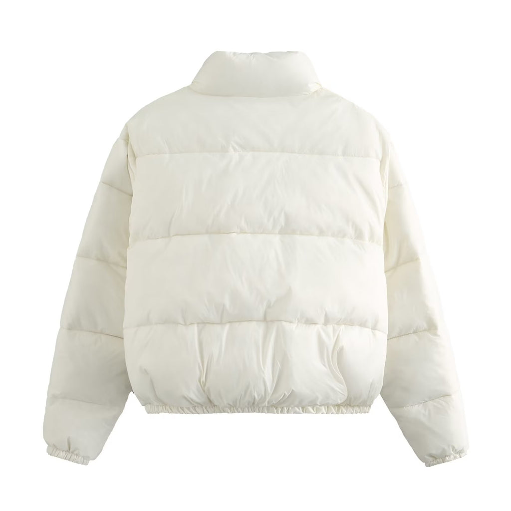 Cropped Stand Collar Zip Up Puffer Jacket - White - 4