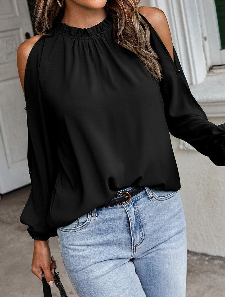 Cold Shoulder Ruffle Neck Blouse - Black - 1