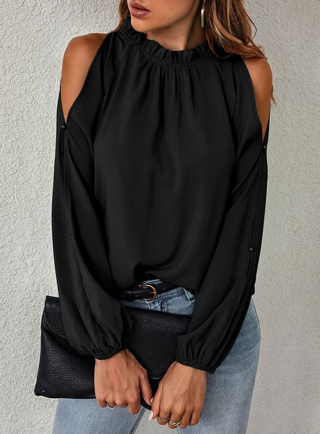 Cold Shoulder Ruffle Neck Blouse - Black - 2