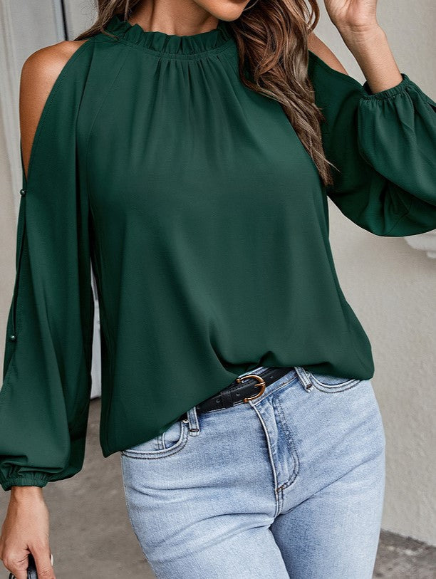 Cold Shoulder Ruffle Neck Blouse - Darkgreen