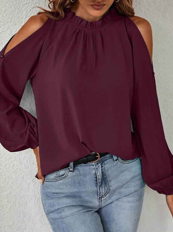 Cold Shoulder Ruffle Neck Blouse - Winered
