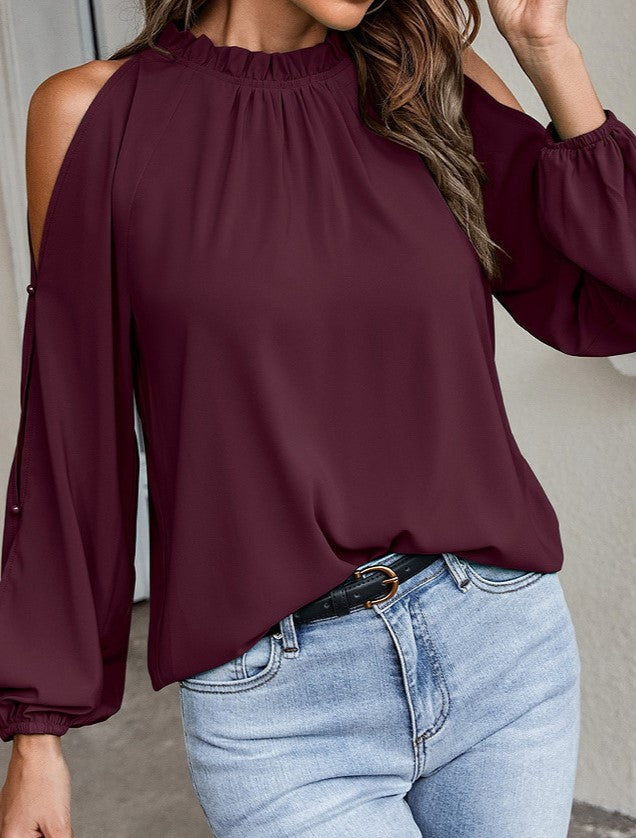 Cold Shoulder Ruffle Neck Blouse - Winered - 1