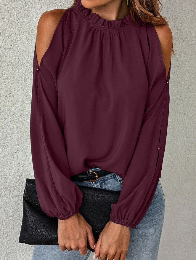 Cold Shoulder Ruffle Neck Blouse - Winered - 2