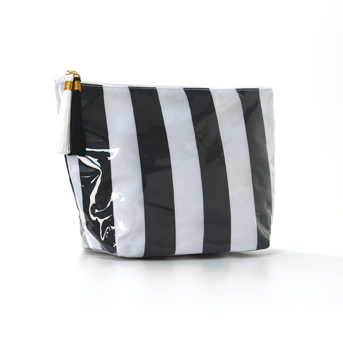 Striped Tassel Zip Cosmetic Toiletry Bag - Black