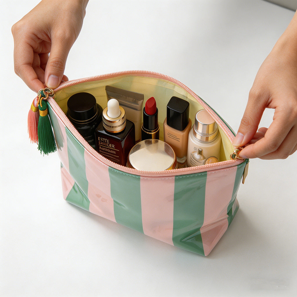 Striped Tassel Zip Cosmetic Toiletry Bag - Green - 4