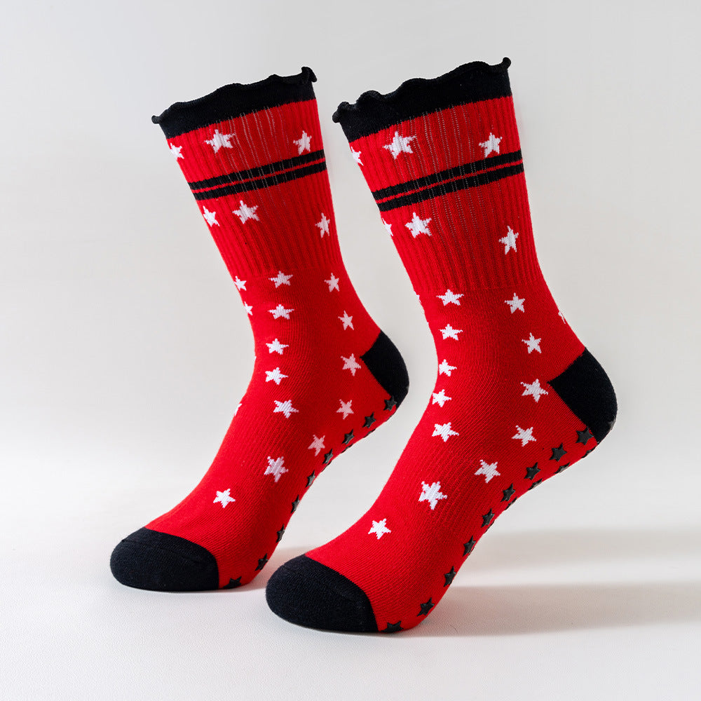 Ruffle Cuff Star Print Non-Slip Grip Socks - Stars