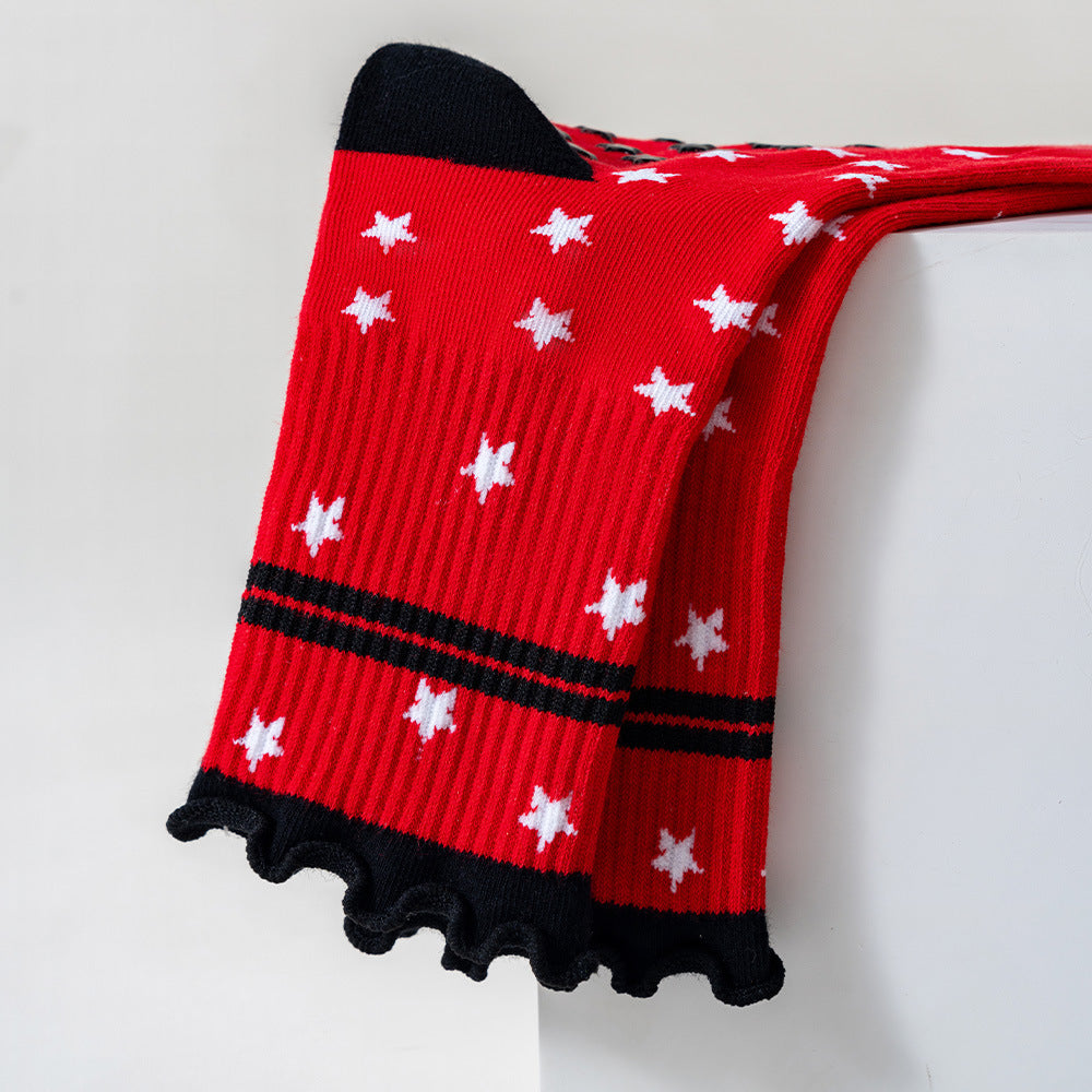 Ruffle Cuff Star Print Non-Slip Grip Socks - Stars - 2