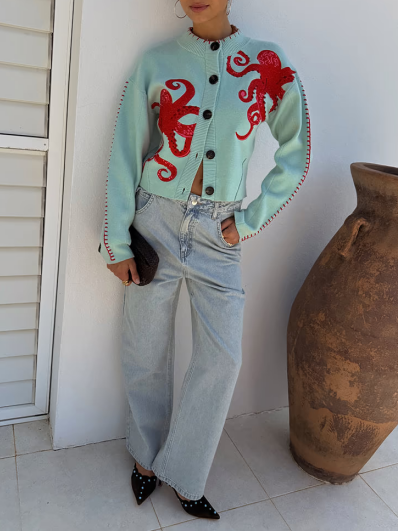 Octopus Motif Cropped Button Knit Cardigan - Mint