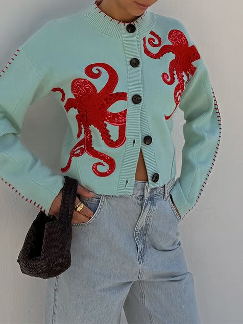 Octopus Motif Cropped Button Knit Cardigan - Mint - 1