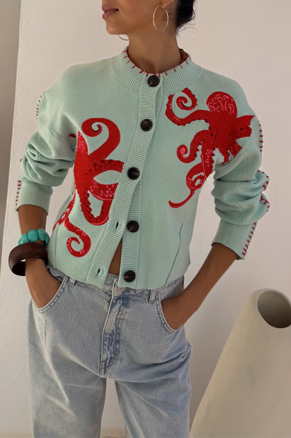 Octopus Motif Cropped Button Knit Cardigan - Mint - 2