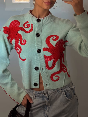 Octopus Motif Cropped Button Knit Cardigan - Mint - 3