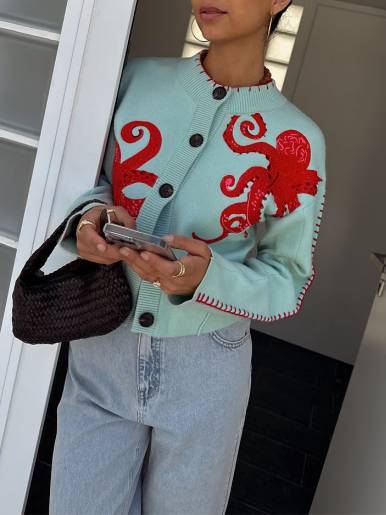 Octopus Motif Cropped Button Knit Cardigan - Mint - 4