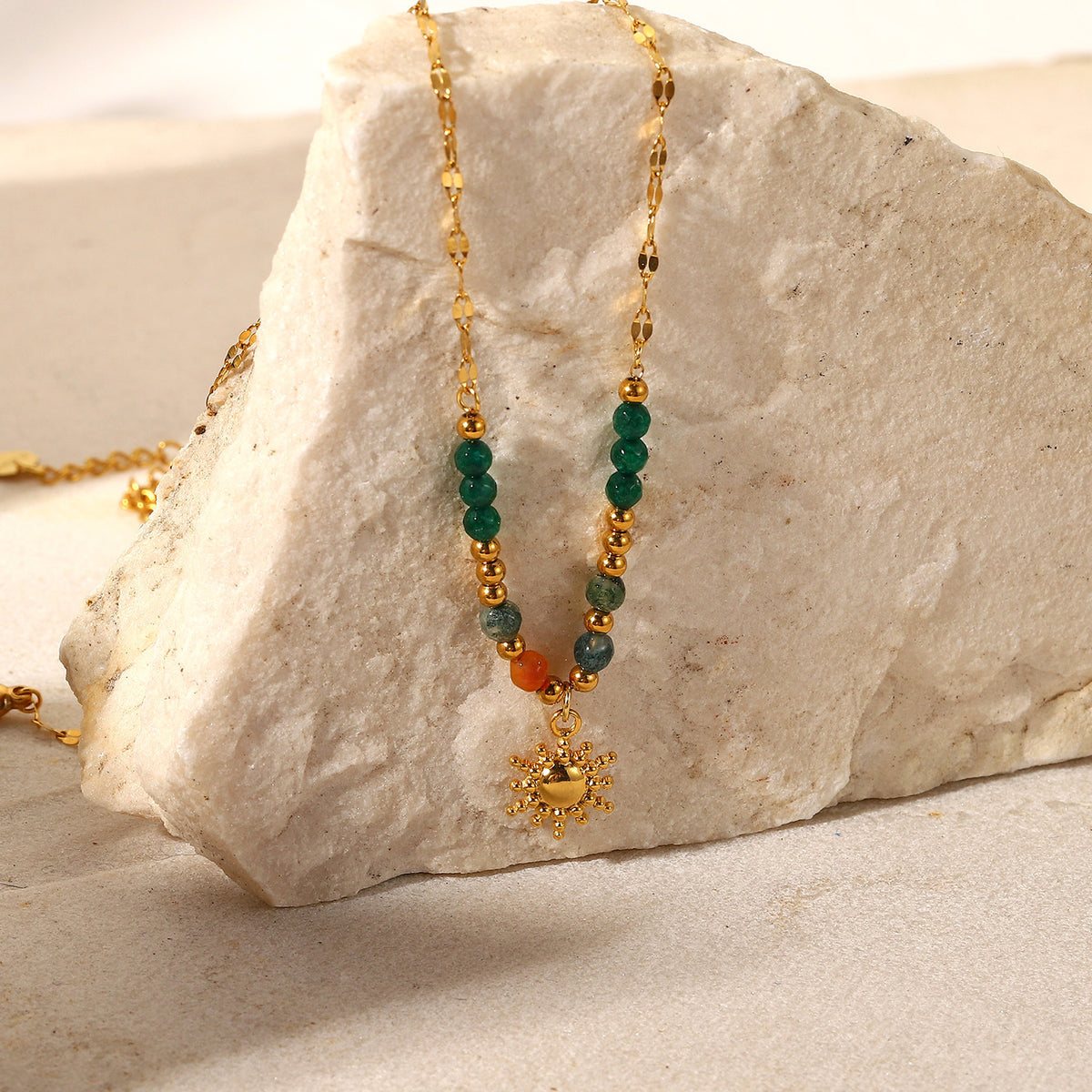 Sun Charm Beaded Chain Necklace - Gold - 1