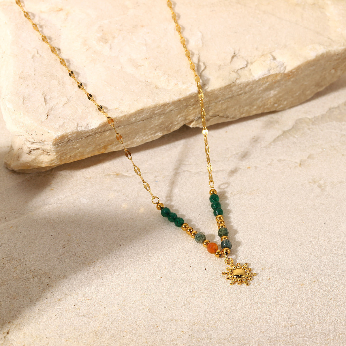 Sun Charm Beaded Chain Necklace - Gold - 2