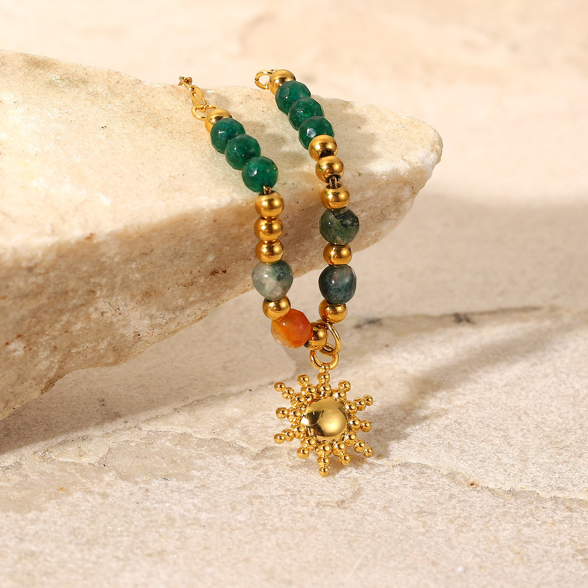Sun Charm Beaded Chain Necklace - Gold - 4