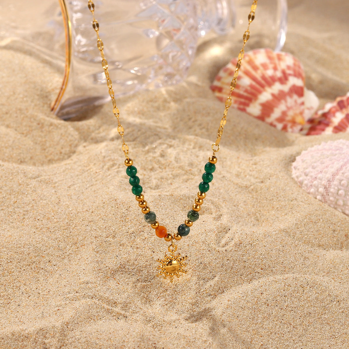 Sun Charm Beaded Chain Necklace - Gold - 5