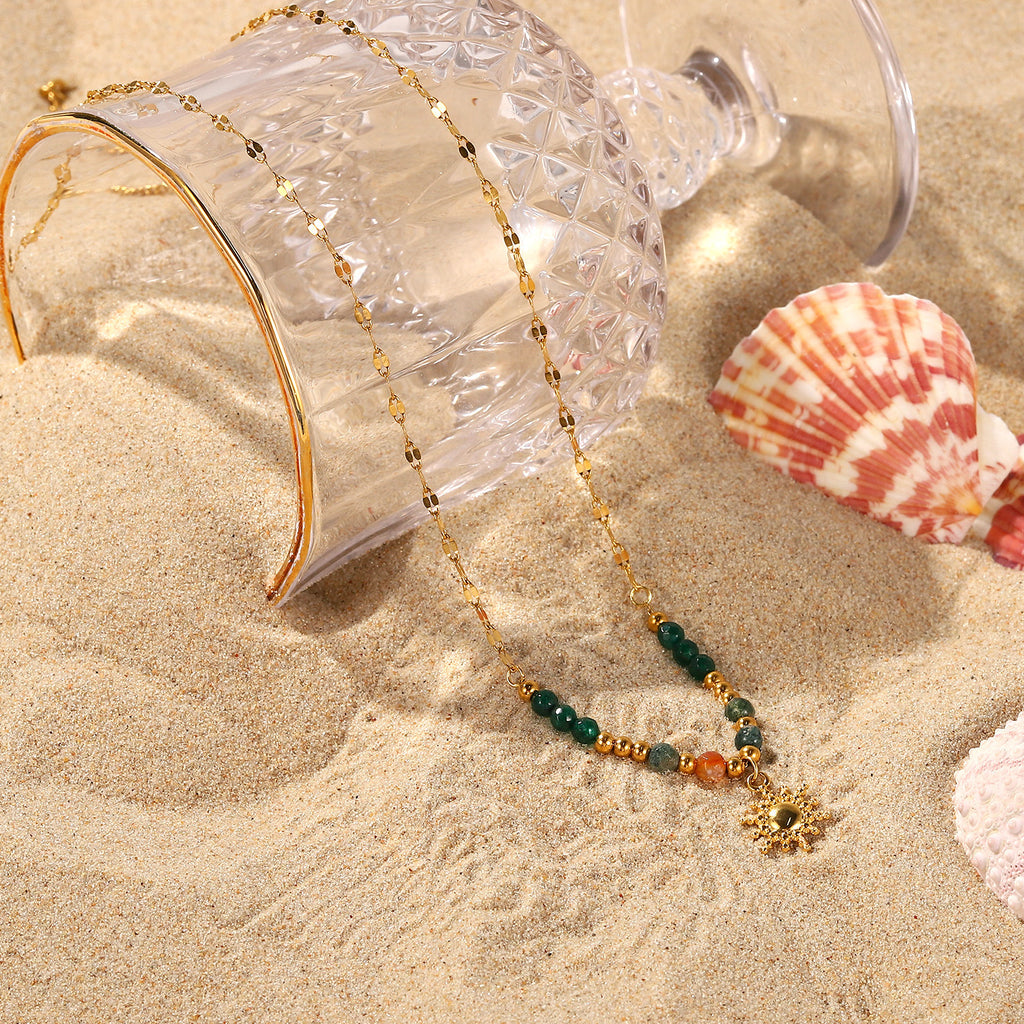 Sun Charm Beaded Chain Necklace - Gold - 6