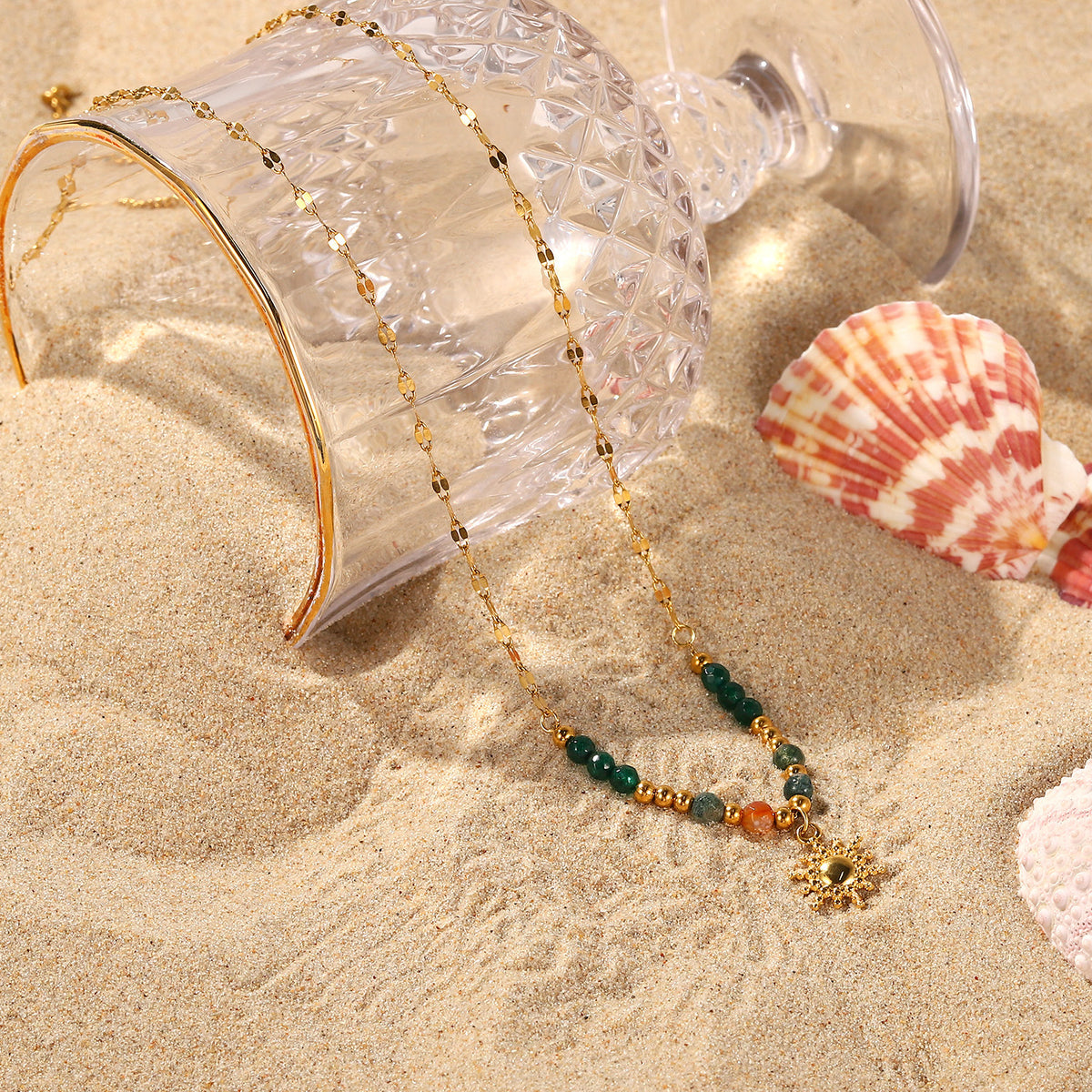 Sun Charm Beaded Chain Necklace - Gold - 6