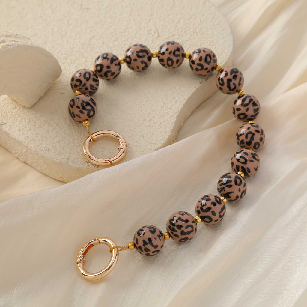Leopard Print Chunky Bead Spring Clasp Bag Strap - Dark_Brown