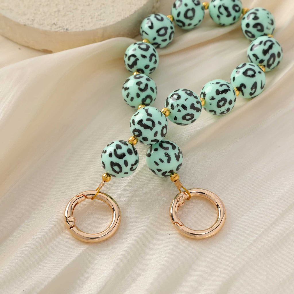 Leopard Print Chunky Bead Spring Clasp Bag Strap - Green - 1