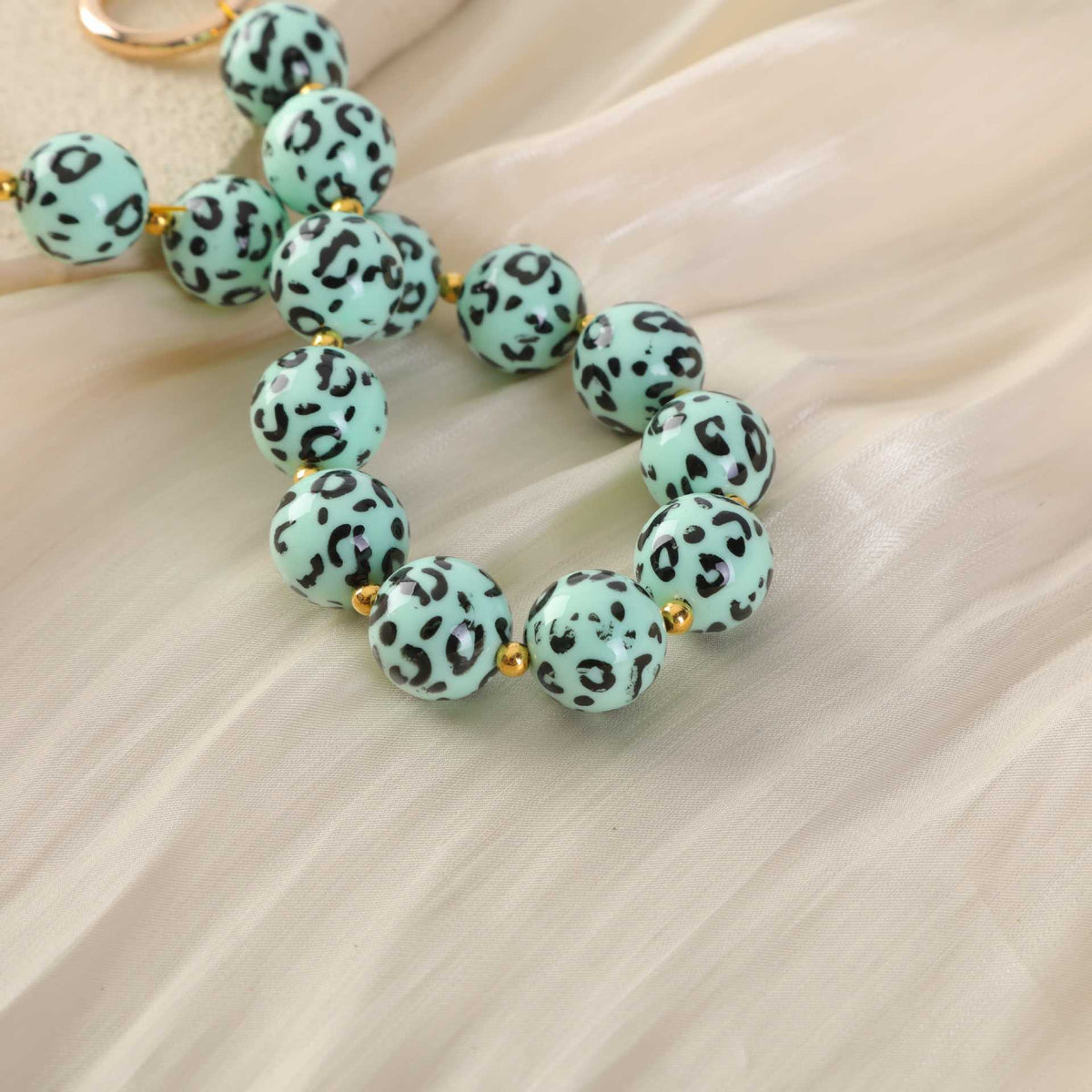 Leopard Print Chunky Bead Spring Clasp Bag Strap - Green - 2