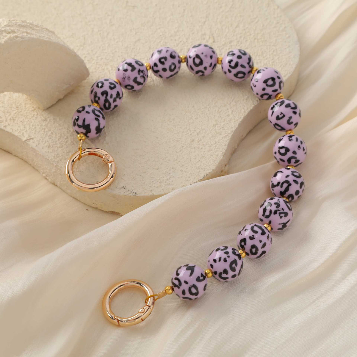 Leopard Print Chunky Bead Spring Clasp Bag Strap - Purple