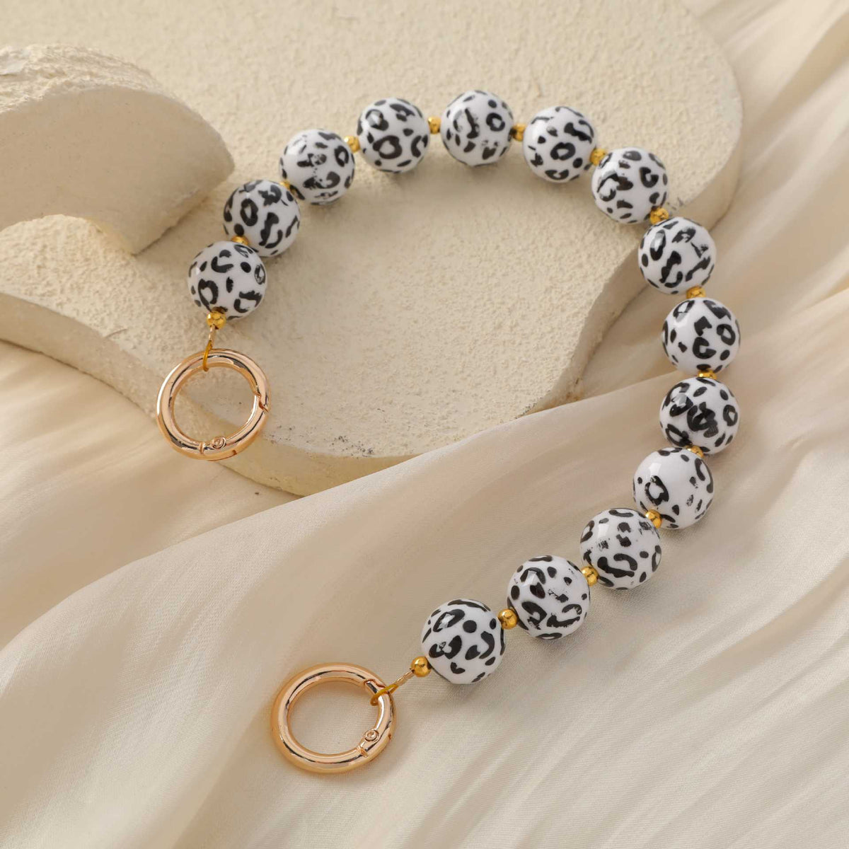 Leopard Print Chunky Bead Spring Clasp Bag Strap - White