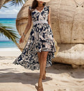 Tropical Print High Low Hem Dress - Dark blue
