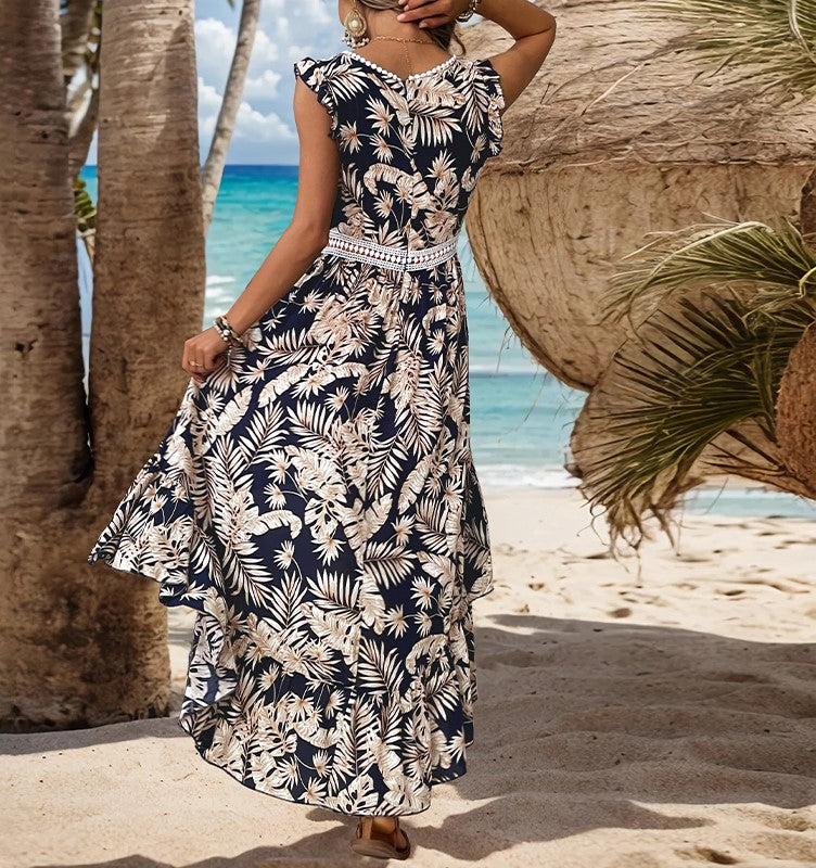 Tropical Print High Low Hem Dress - Dark blue - 2