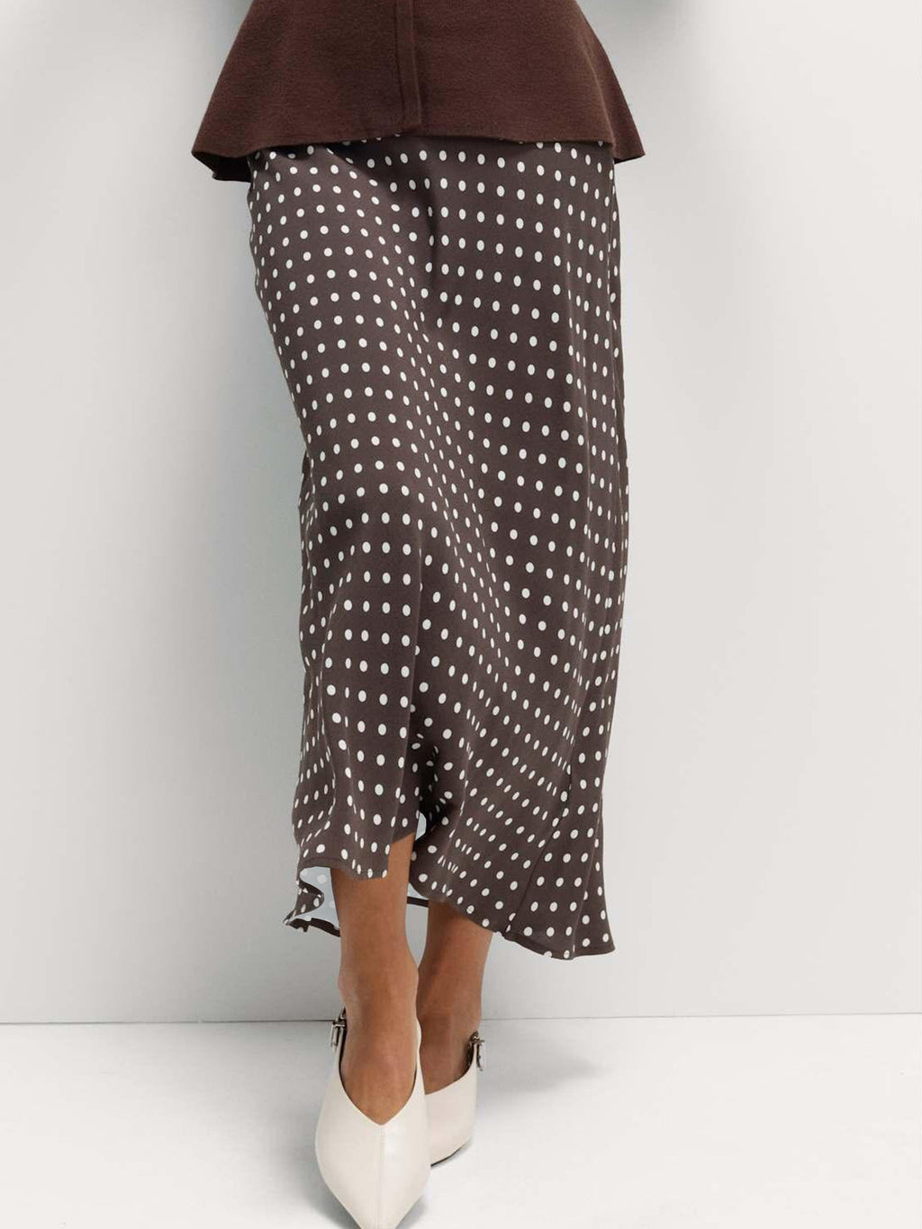 Polka Dot Fluted Hem Maxi Skirt - Coffee - 1