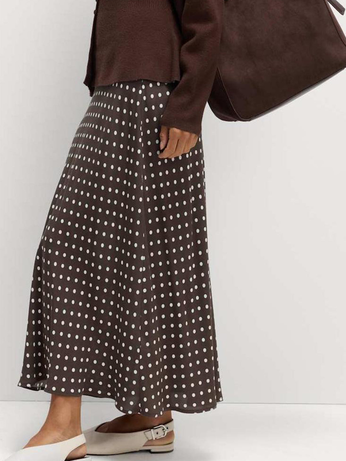 Polka Dot Fluted Hem Maxi Skirt - Coffee - 3