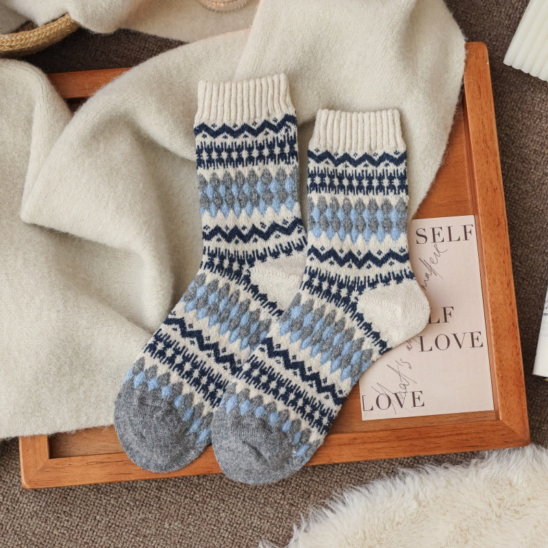 Retro Fair Isle Color Block Crew Socks - LightBlue