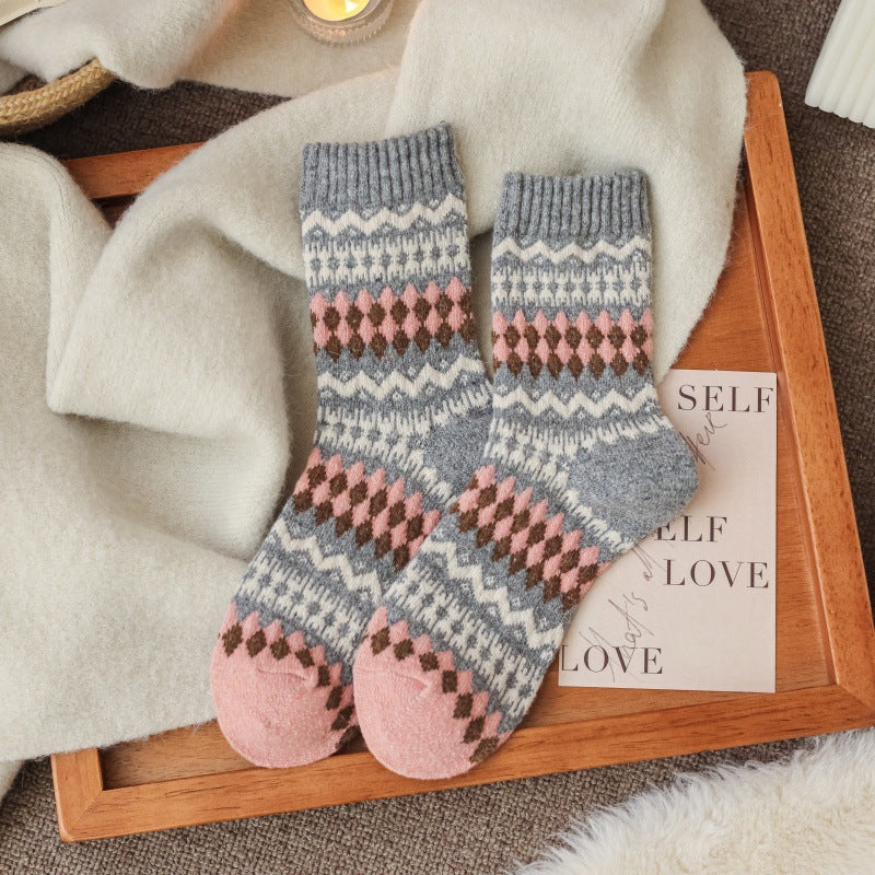 Retro Fair Isle Color Block Crew Socks - LightGrey