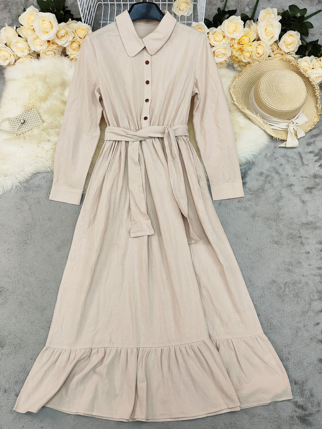 Collared Belted Ruffle Hem Maxi Shirt Dress - Khaki