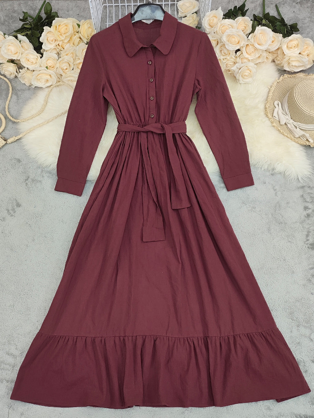 Collared Belted Ruffle Hem Maxi Shirt Dress - Red