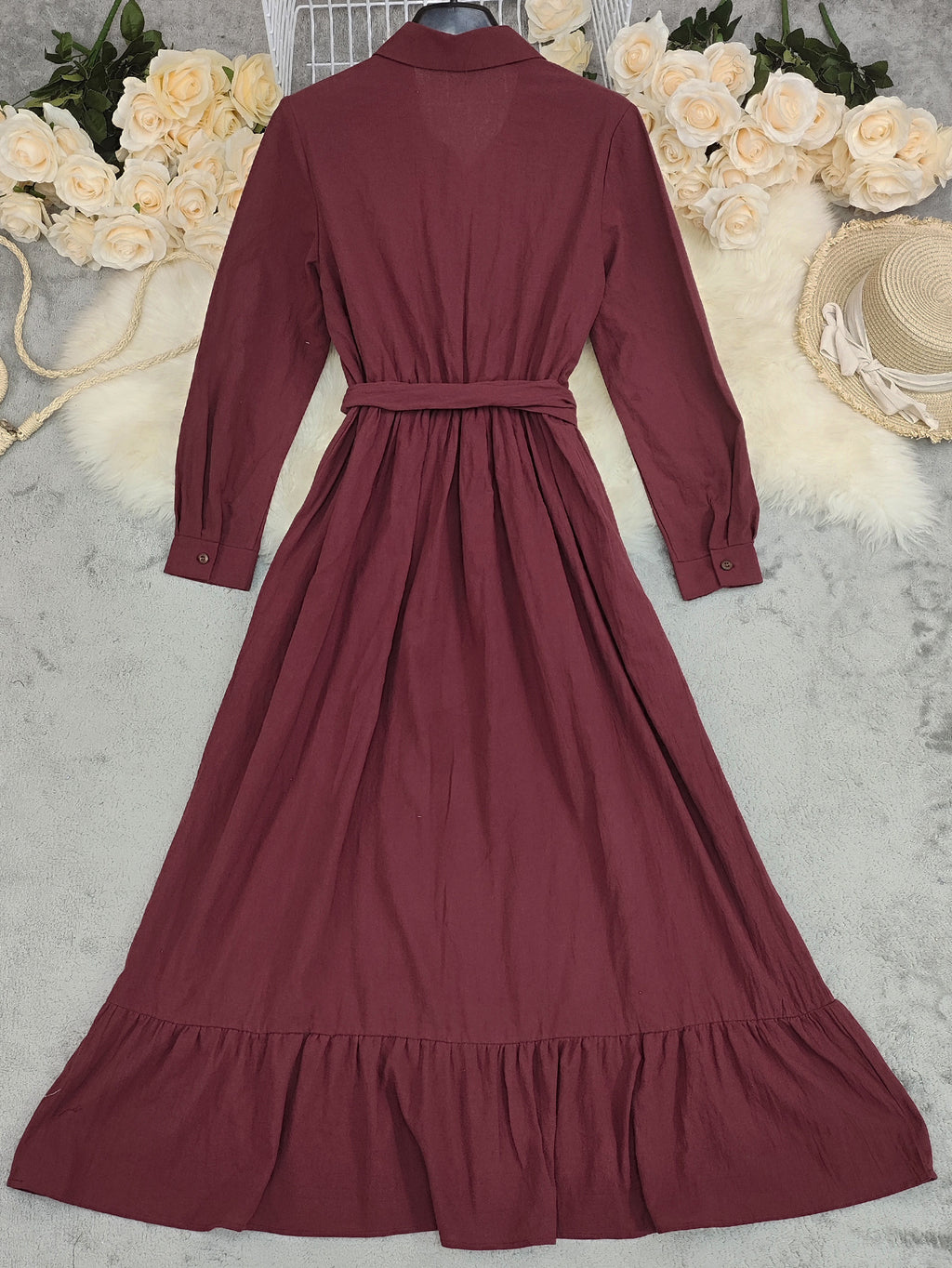 Collared Belted Ruffle Hem Maxi Shirt Dress - Red - 1