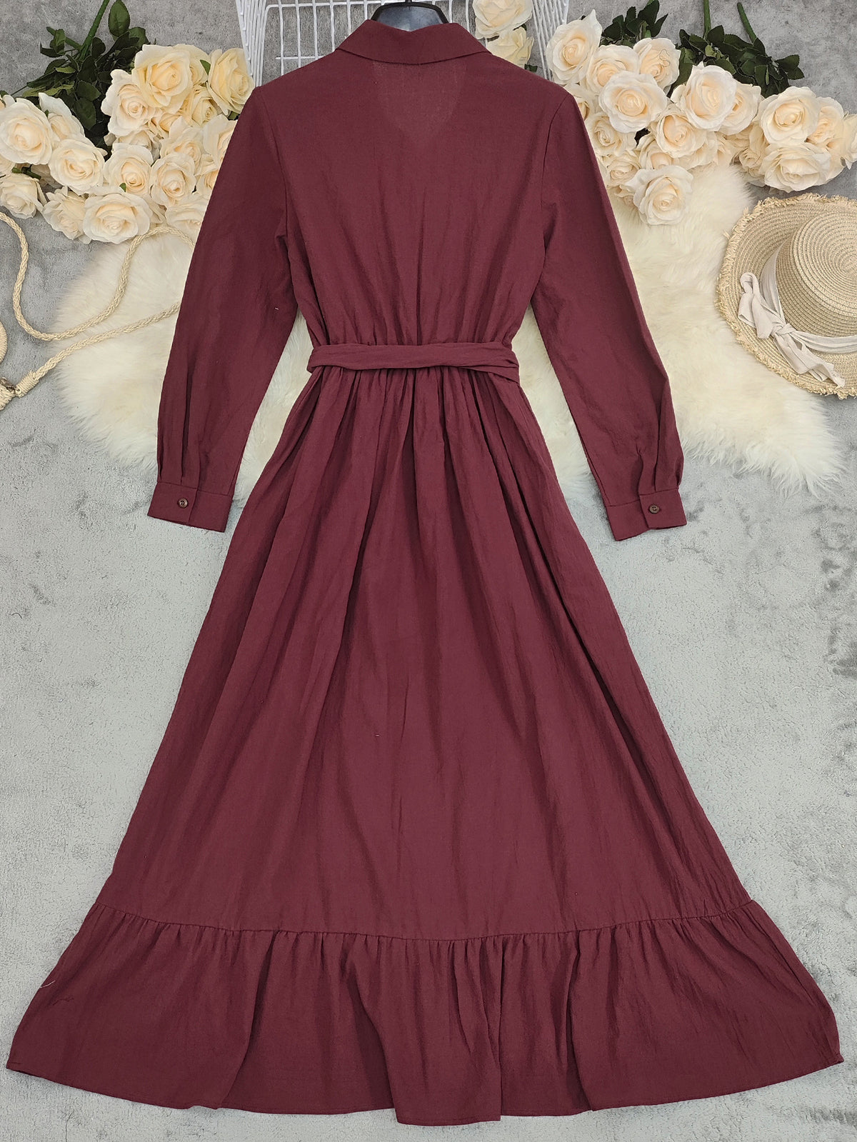 Collared Belted Ruffle Hem Maxi Shirt Dress - Red - 1