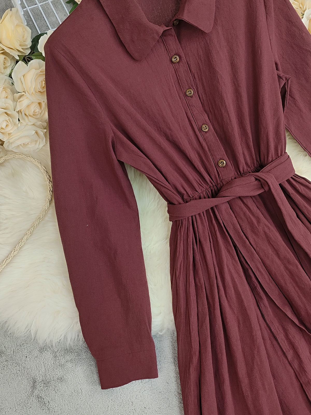 Collared Belted Ruffle Hem Maxi Shirt Dress - Red - 2