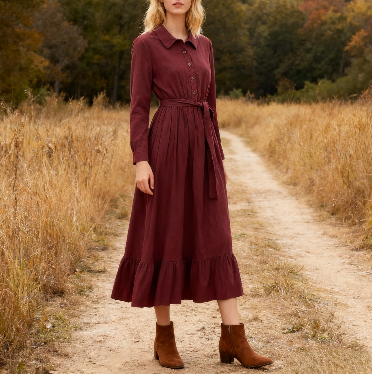 Collared Belted Ruffle Hem Maxi Shirt Dress - Red - 4