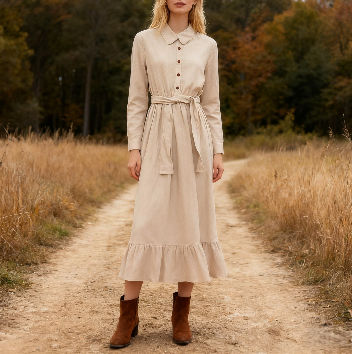 Collared Belted Ruffle Hem Maxi Shirt Dress