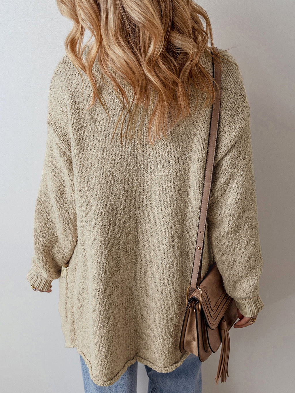 Collared Longline Button Cardigan with Pockets - Khaki - 1