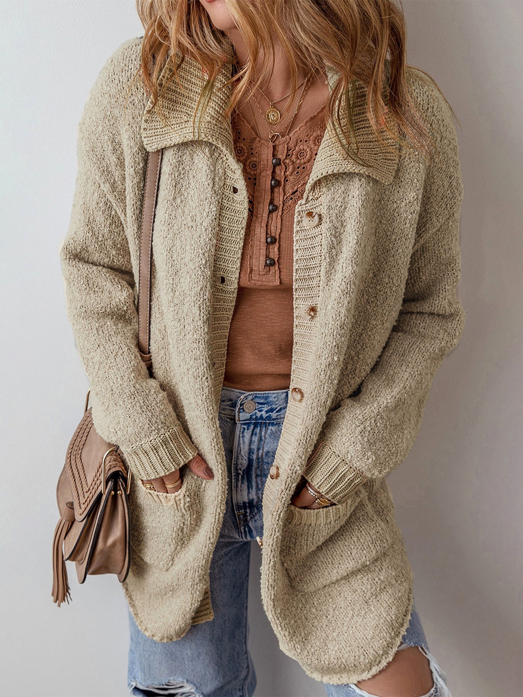 Collared Longline Button Cardigan with Pockets - Khaki - 2