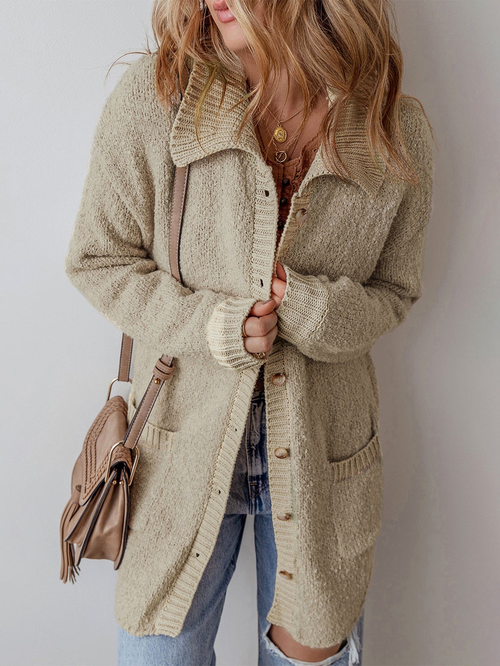 Collared Longline Button Cardigan with Pockets - Khaki - 3